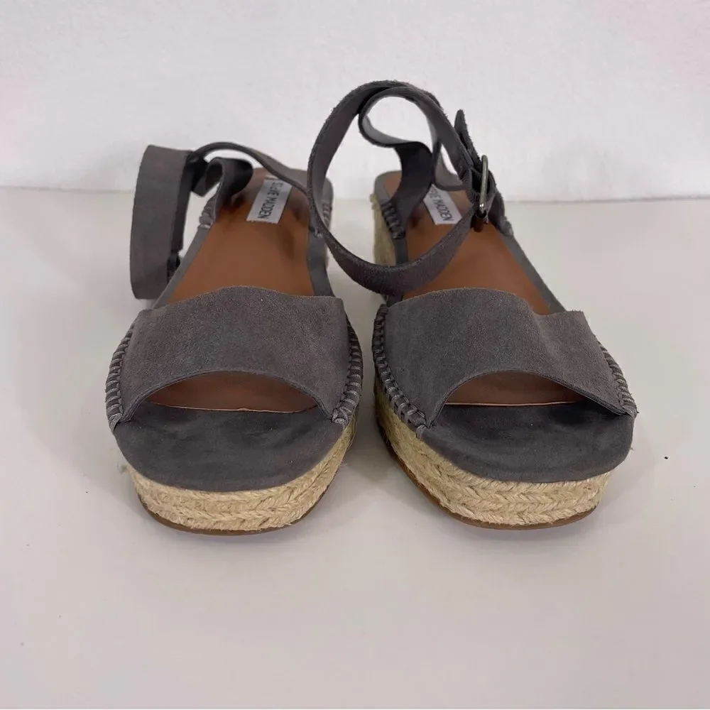 Steve Madden Elody Grey Leather Suede Espadrille Platform Sandals‎